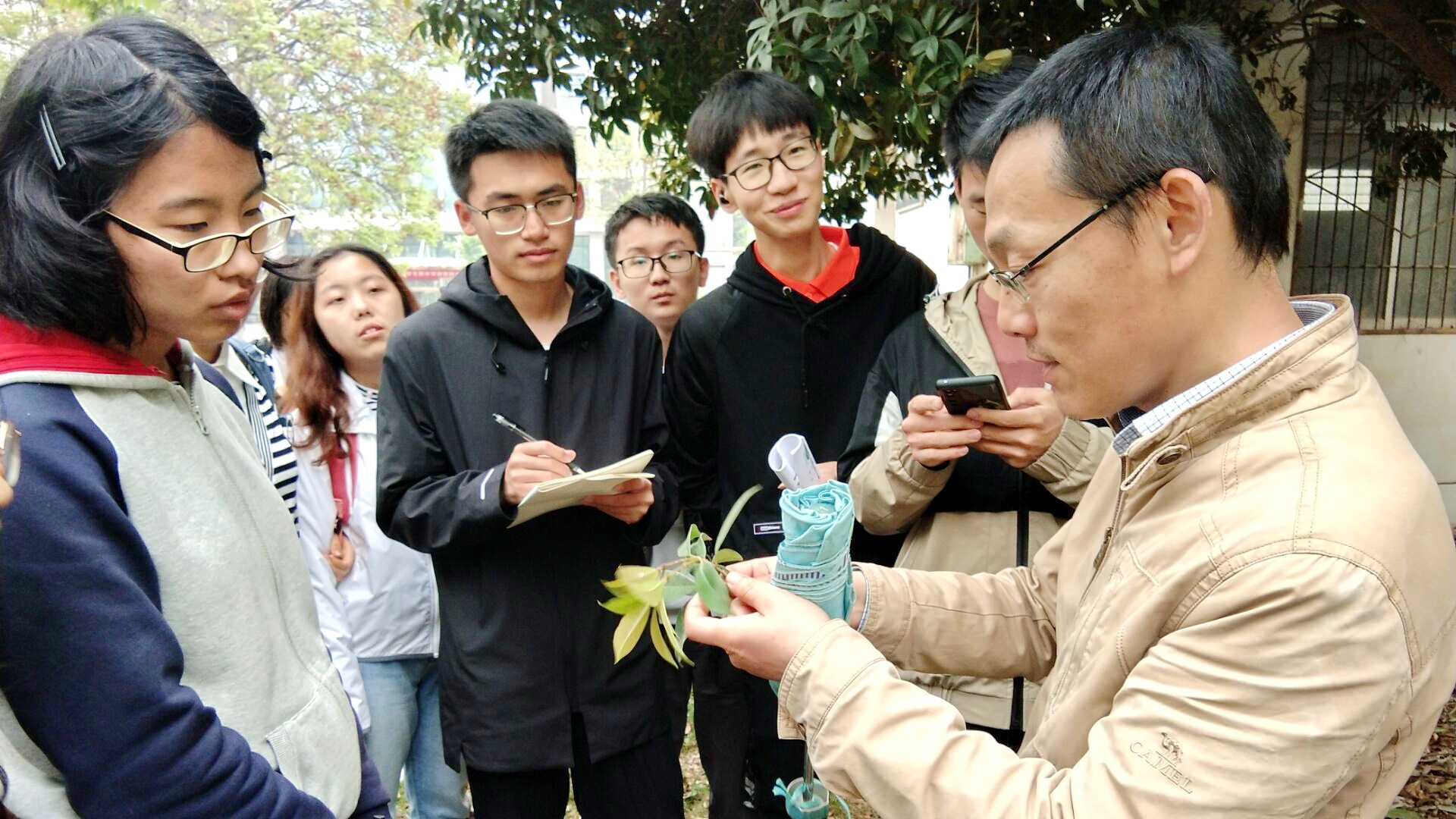 李刚老师在校园里带领同学们认识植物